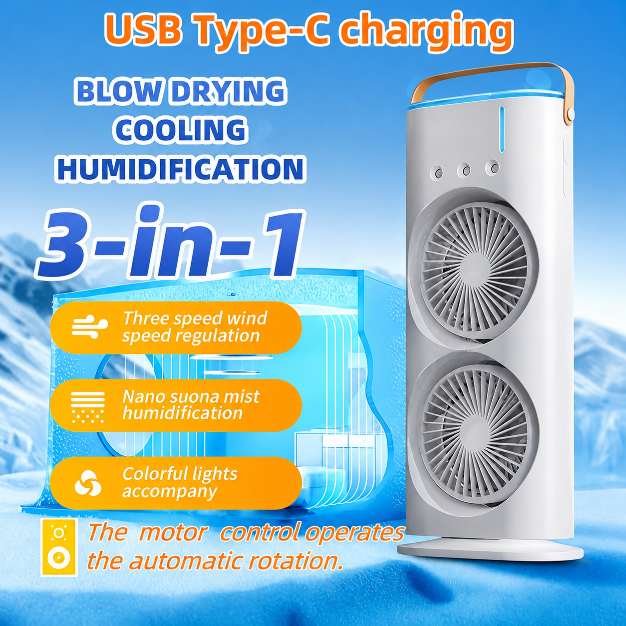 Portable Rechargeable & rotatable type c cooling double mist fan